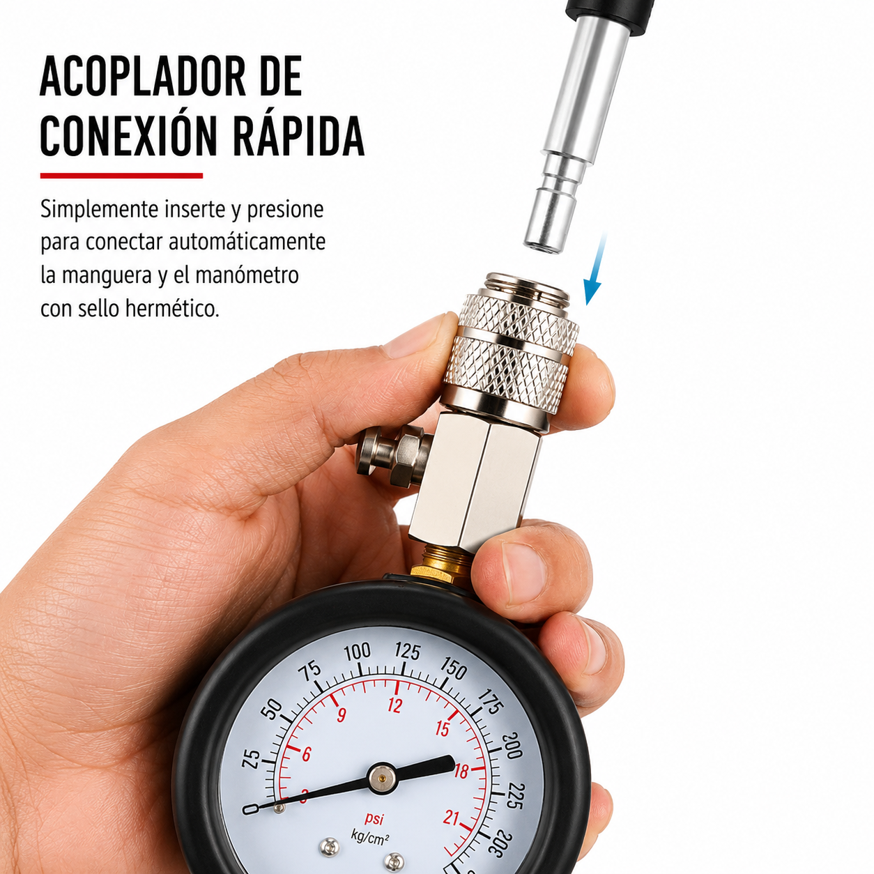 Compresímetro para Prueba de Compresión de Motor Gasolina 0-300 PSI 8 Piezas