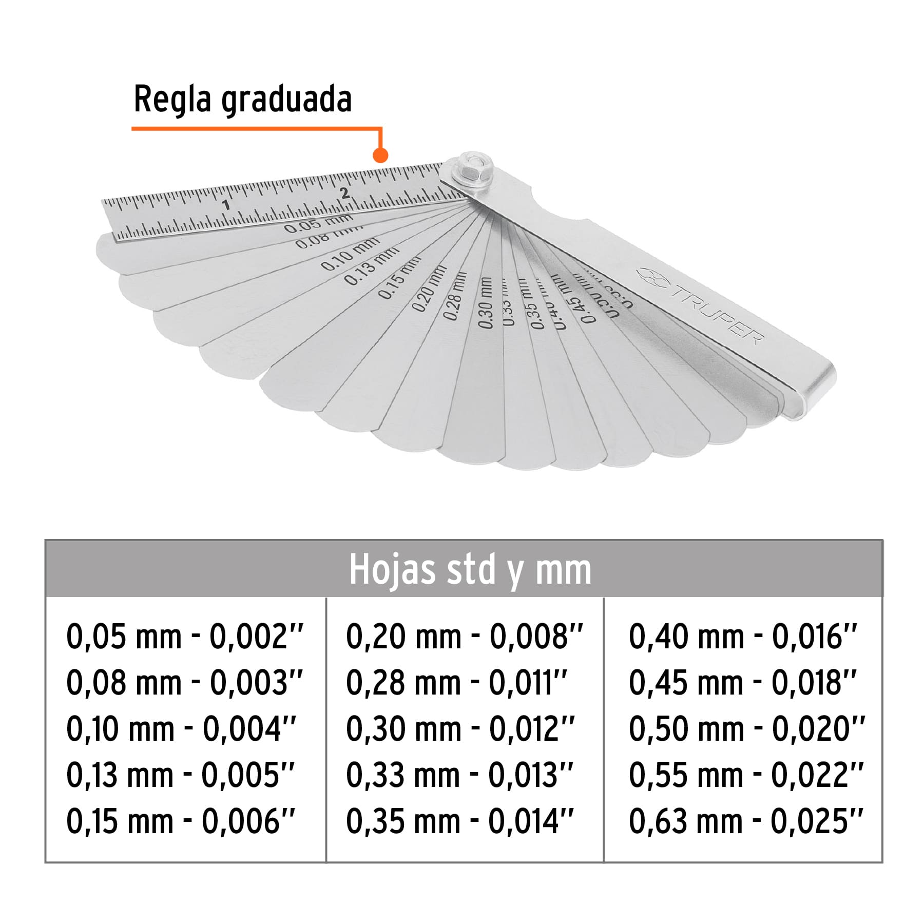 CALIBRADOR DE HOJAS TRUPER DE 15 LÁMINAS EN MM Y PULGADAS, REF 14395