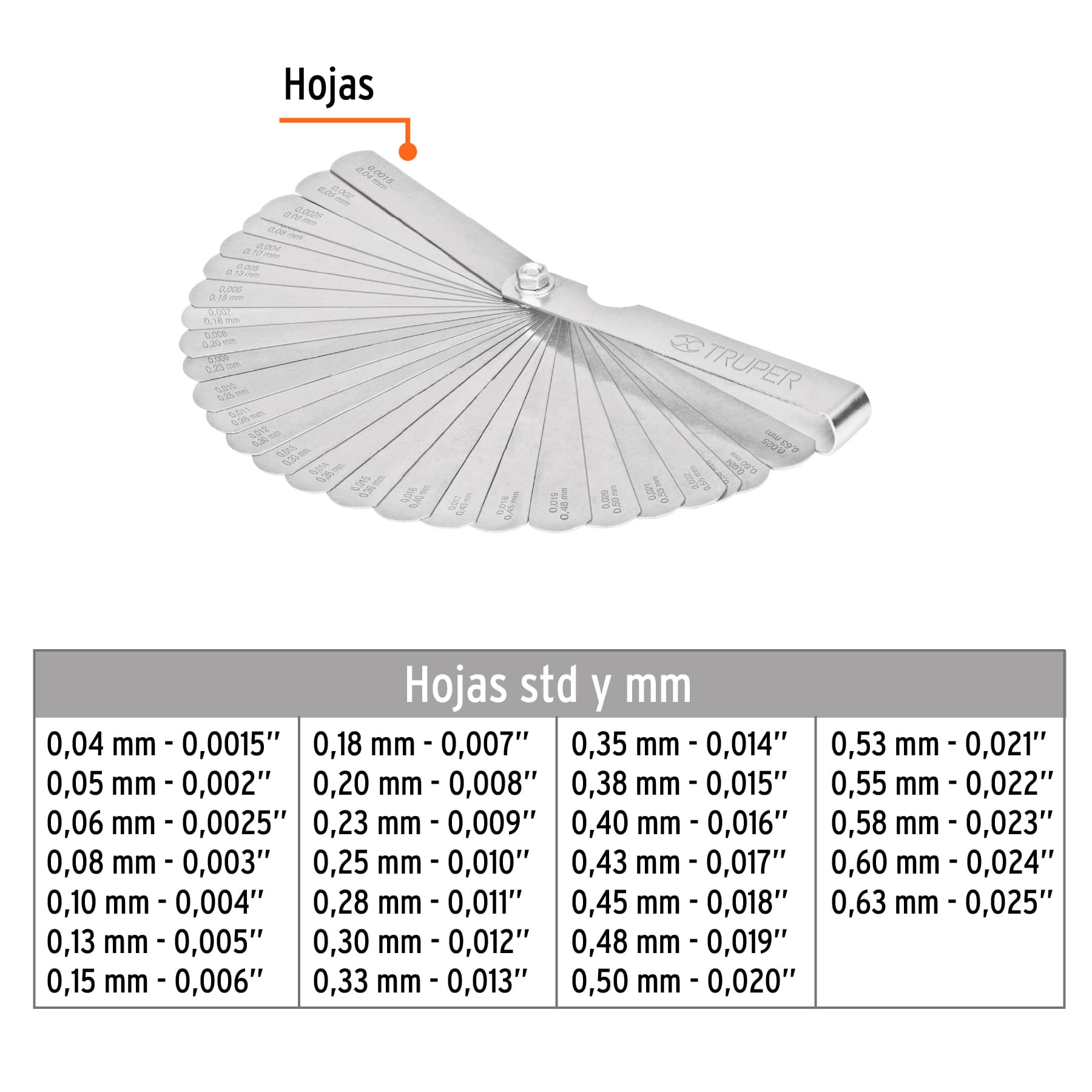 CALIBRADOR DE HOJAS TRUPER DE 26 LÁMINAS EN MM Y PULGADAS, REF 14396