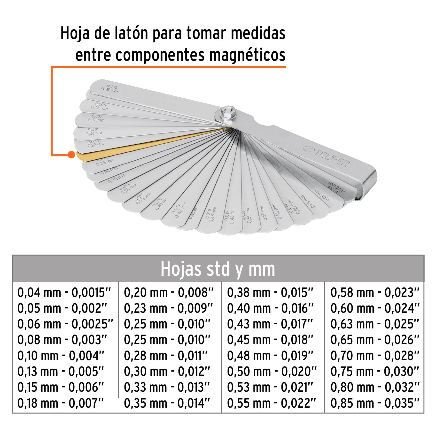 CALIBRADOR DE HOJAS TRUPER DE 32 LÁMINAS EN MM Y PULGADAS, REF 14397