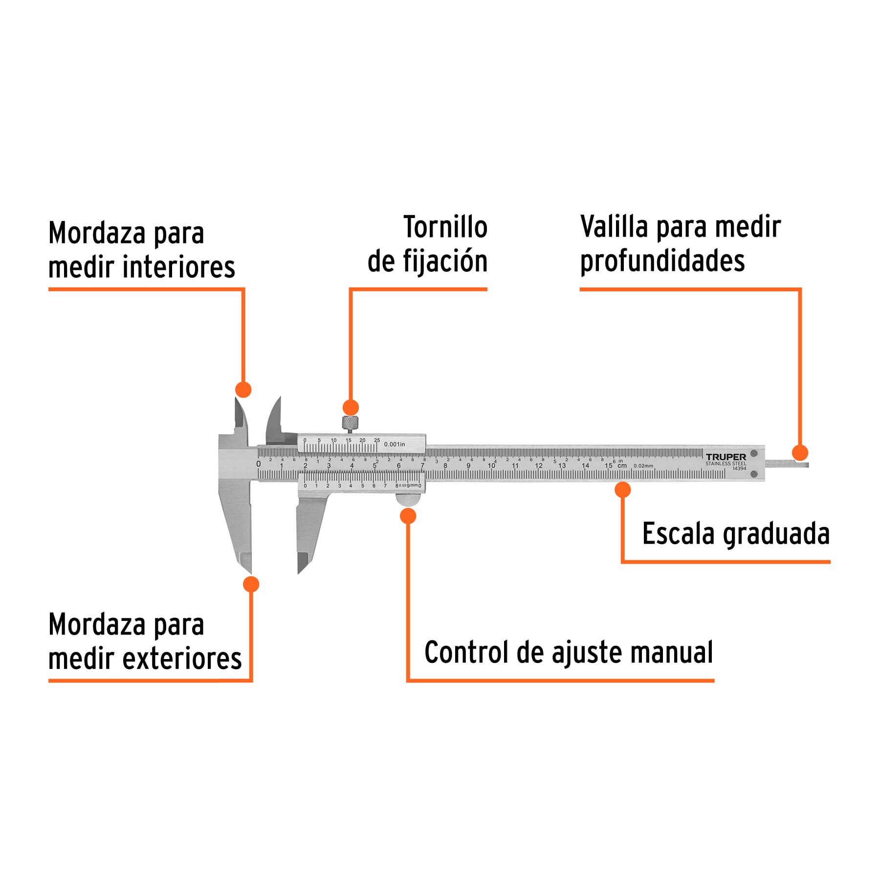 Calibrador Vernier Analógico 6” Acero Inoxidable MM y Pulgadas Truper Ref 14394