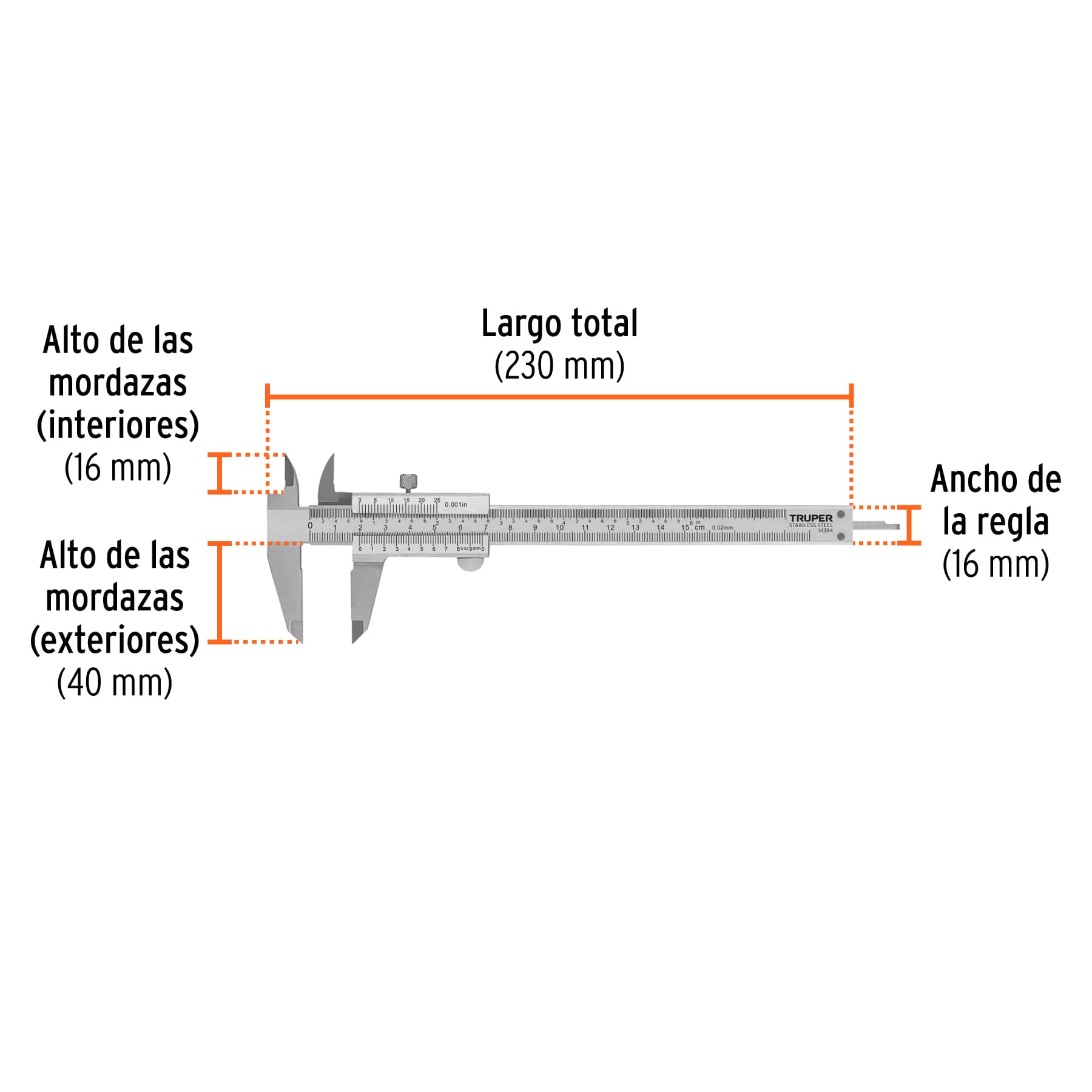 Calibrador Vernier Analógico 6” Acero Inoxidable MM y Pulgadas Truper Ref 14394
