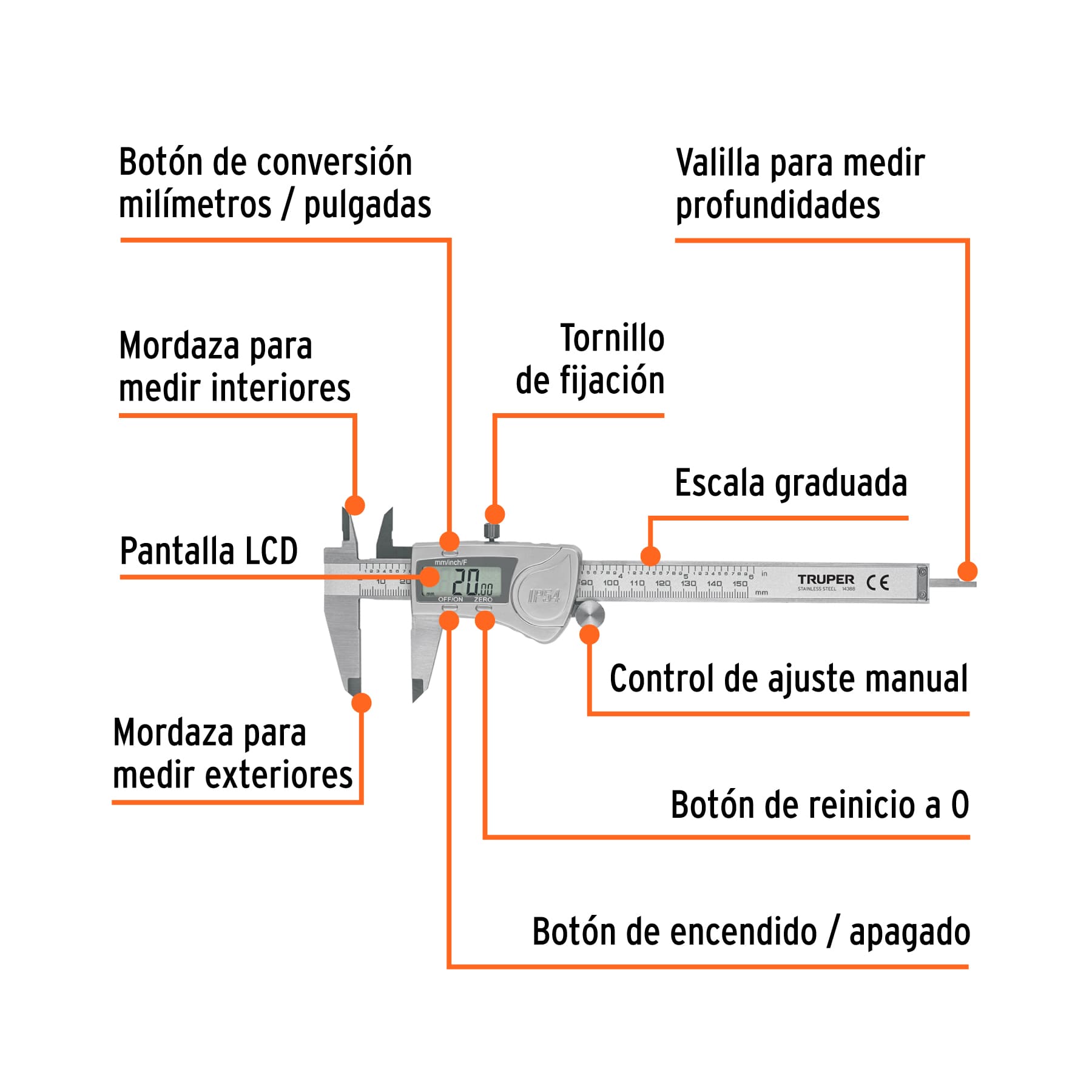 CALIBRADOR VERNIER DIGITAL DE 6” TRUPER, MEDICIÓN EN MM Y PULGADAS, REF 14388