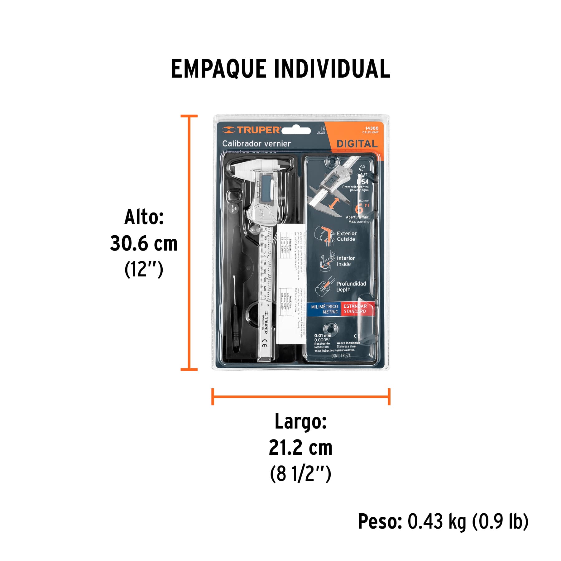 CALIBRADOR VERNIER DIGITAL DE 6” TRUPER, MEDICIÓN EN MM Y PULGADAS, REF 14388