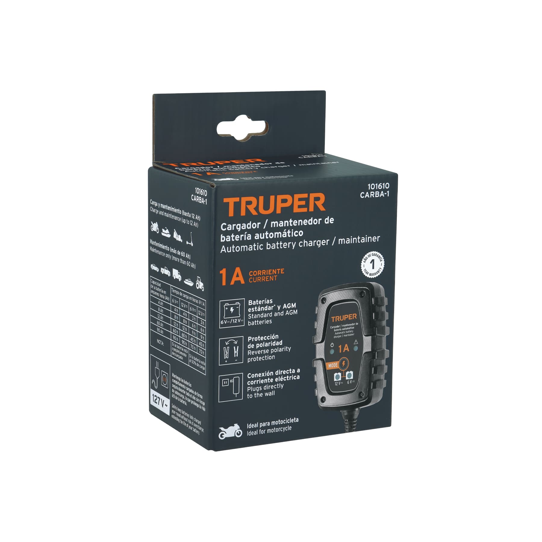MINI CARGADOR Y MANTENEDOR INTELIGENTE DE BATERÍAS 1 A 6 V / 12 V TRUPER, REF. 101610