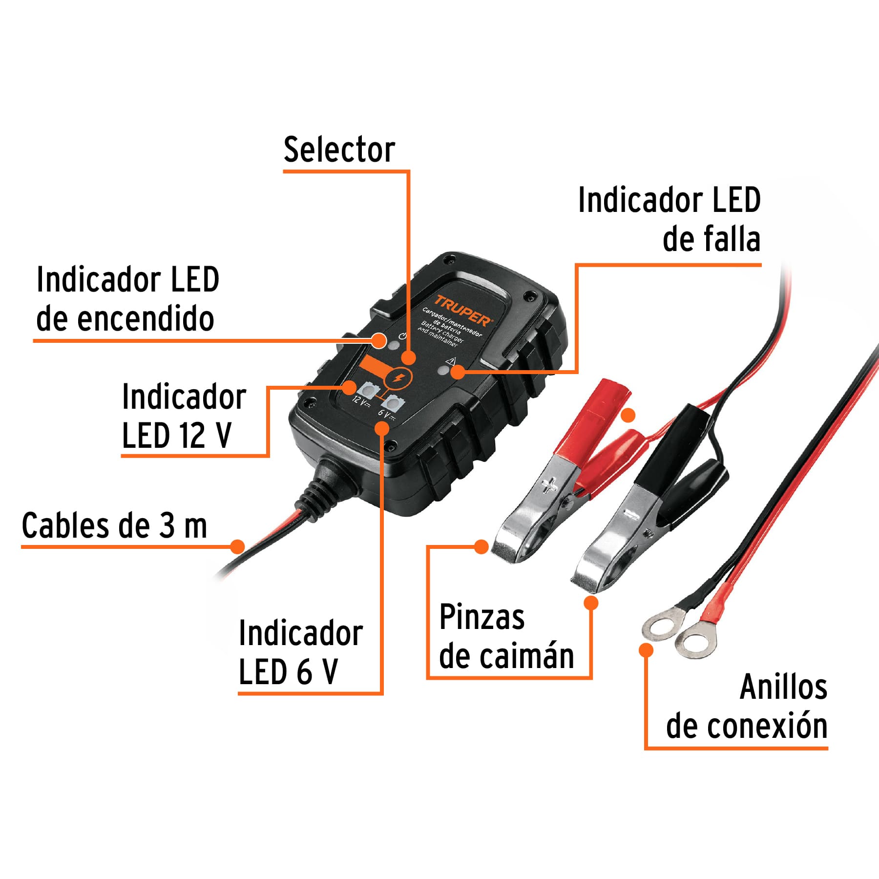 MINI CARGADOR Y MANTENEDOR INTELIGENTE DE BATERÍAS 1 A 6 V / 12 V TRUPER, REF. 101610