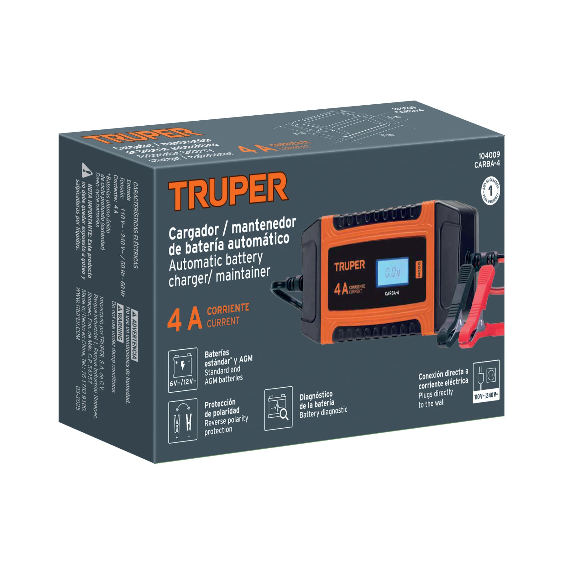 CARGADOR Y MANTENEDOR INTELIGENTE DE BATERÍAS 4 A 6 V / 12 V TRUPER, REF 104009