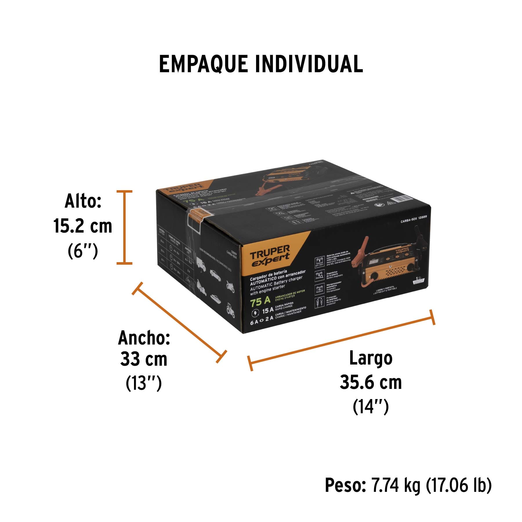 CARGADOR INTELIGENTE DE BATERÍAS 6 V Y 12 V CON ARRANCADOR DE 75 A TRUPER, REF 12889