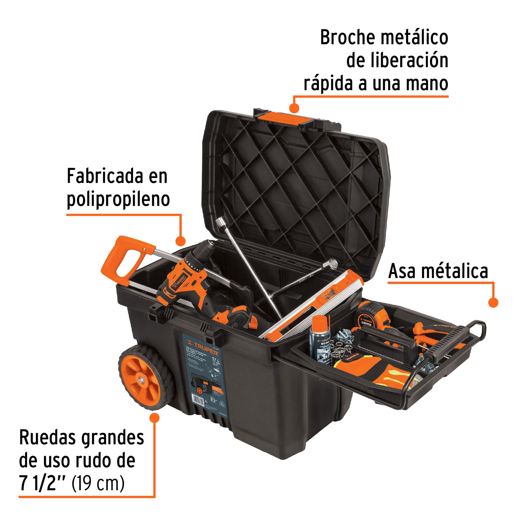 Caja para herramienta de 23" con ruedas y mango Truper Ref 10902