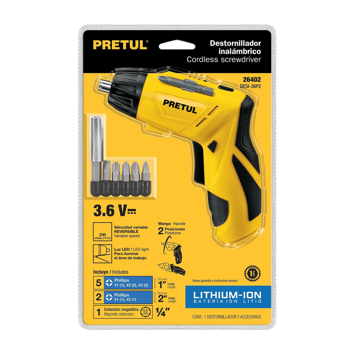 DESTORNILLADOR INALÁMBRICO 3.6 V DE 2 POSICIONES, PRETUL REF 26402