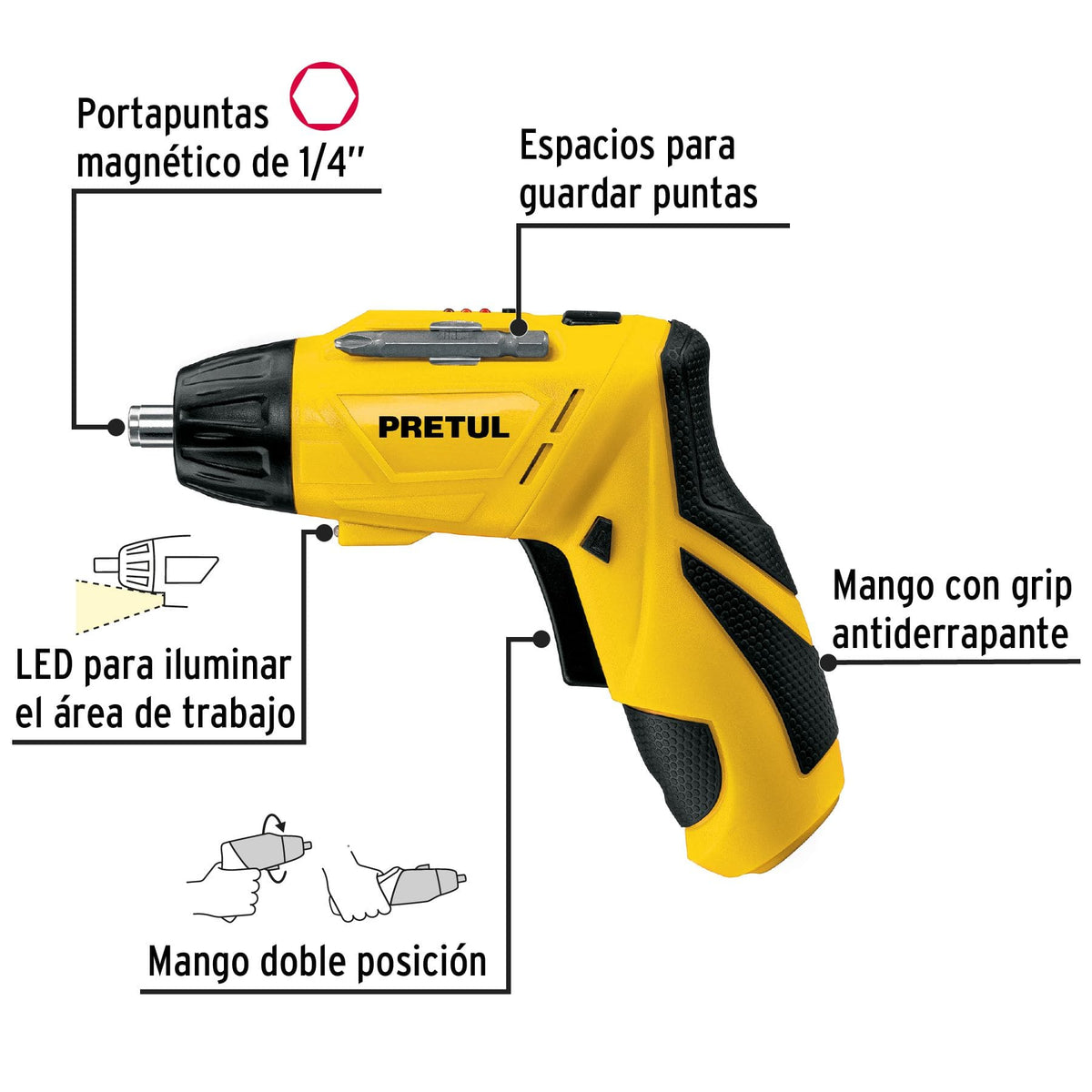 DESTORNILLADOR INALÁMBRICO 3.6 V DE 2 POSICIONES, PRETUL REF 26402