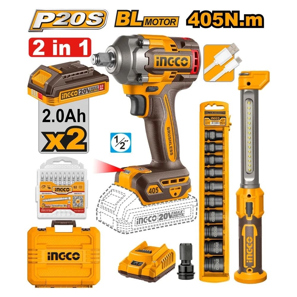 COMBO LLAVE DE IMPACTO 1/2” 20 V BRUSHLESS 405 NM CON 2 BATERÍAS, LÁMPARA Y 10 COPAS, INGCO REF UCOSLI23056