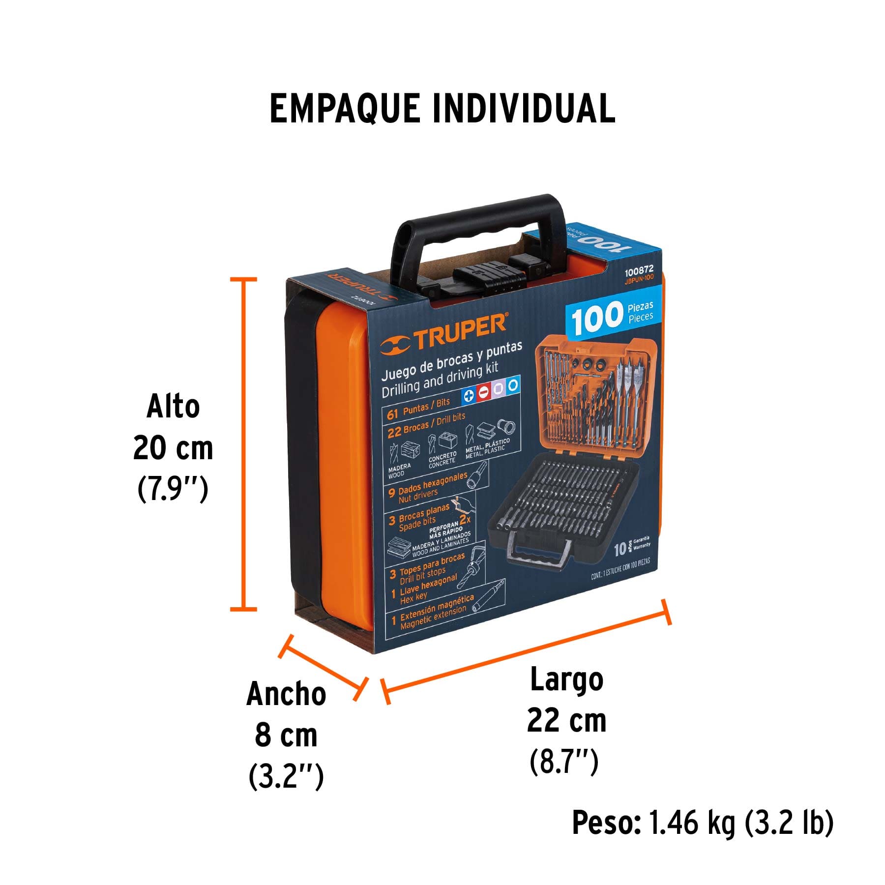 KIT DE BROCAS Y PUNTAS PARA TALADRO TRUPER DE 100 PIEZAS, REF 100872