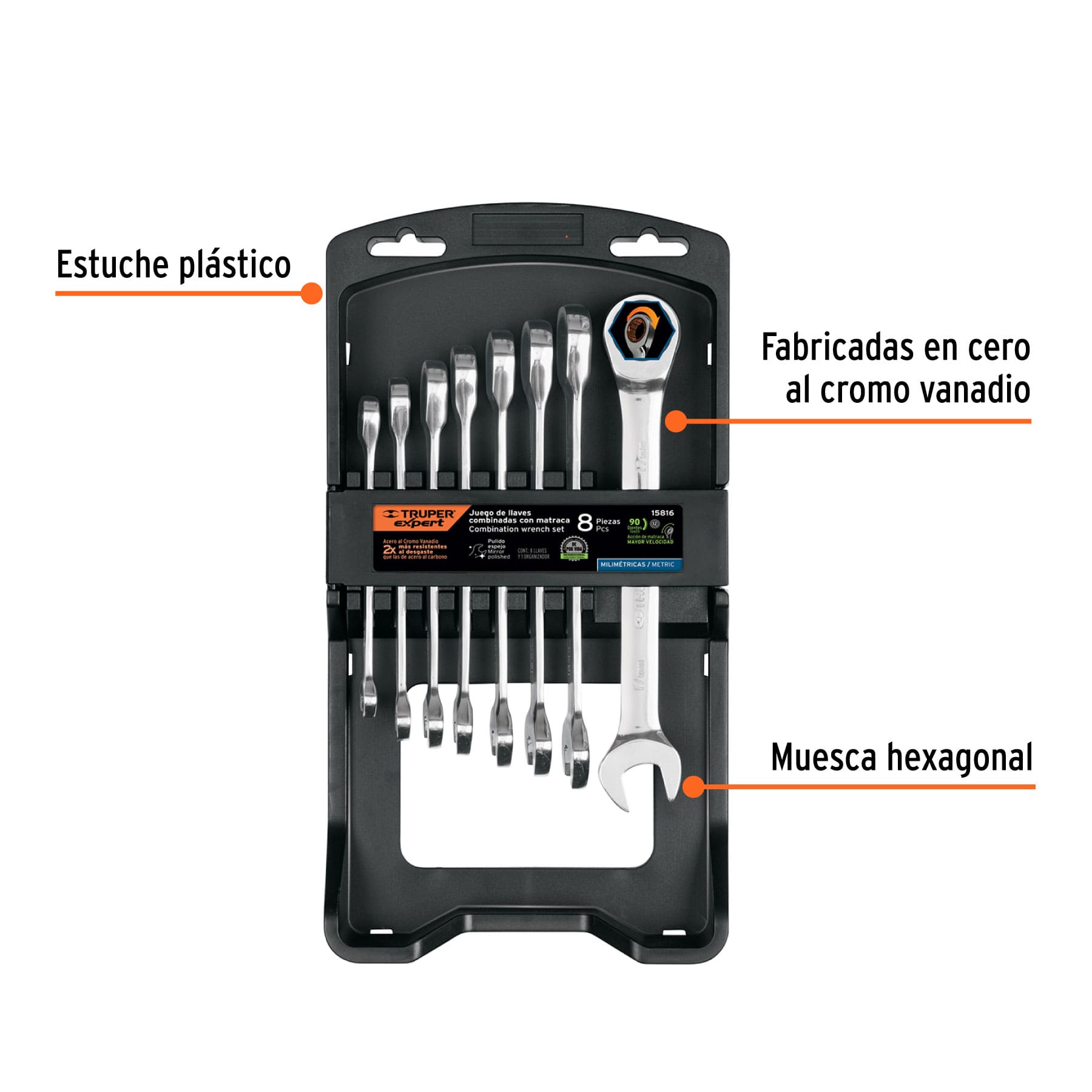 JUEGO DE LLAVES RATCHET MÉTRICAS TRUPER EXPERT DE 8 PIEZAS, REF 15816