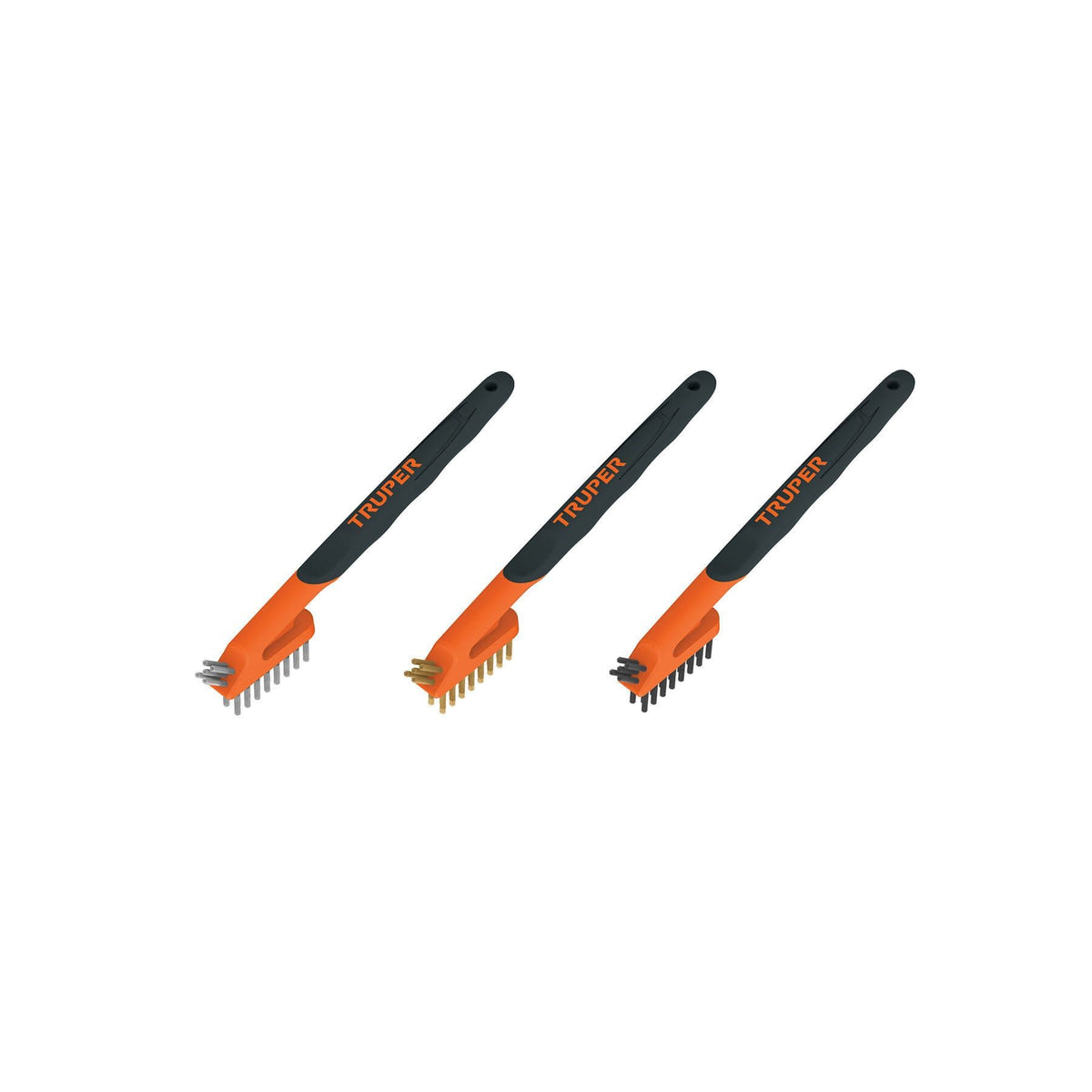JUEGO DE 3 MINI CEPILLOS DE ALAMBRE Y LIMPIEZA: ACERO INOXIDABLE, LATÓN Y PET, TRUPER REF 10652