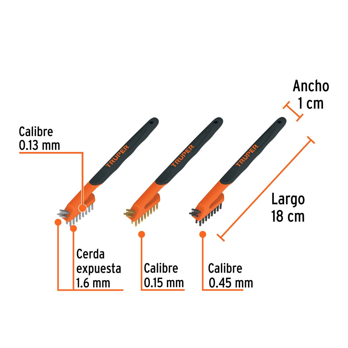 JUEGO DE 3 MINI CEPILLOS DE ALAMBRE Y LIMPIEZA: ACERO INOXIDABLE, LATÓN Y PET, TRUPER REF 10652