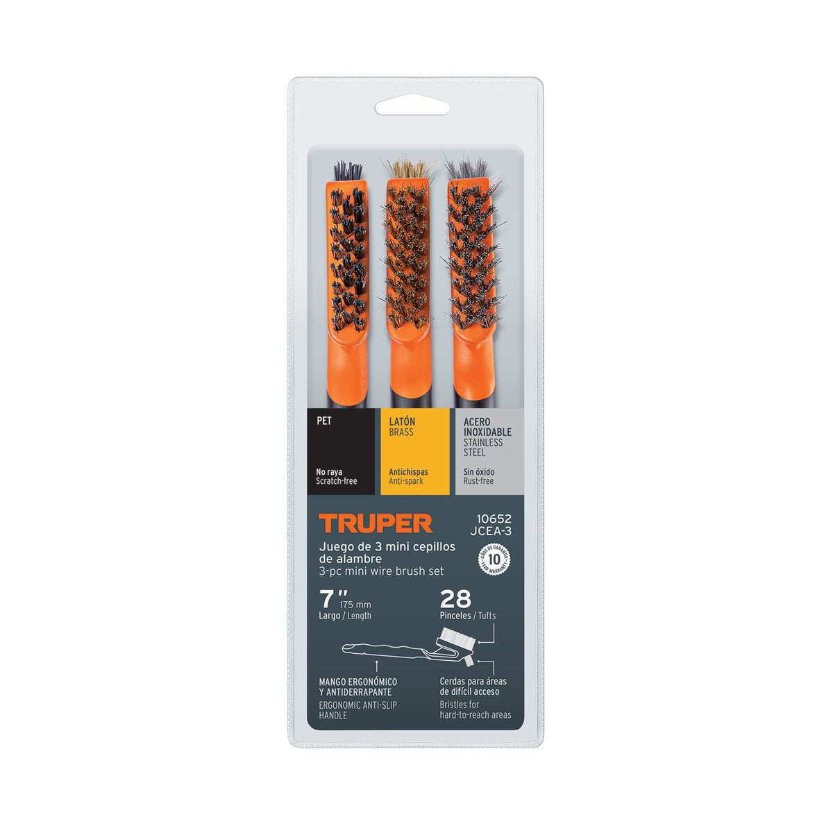 JUEGO DE 3 MINI CEPILLOS DE ALAMBRE Y LIMPIEZA: ACERO INOXIDABLE, LATÓN Y PET, TRUPER REF 10652
