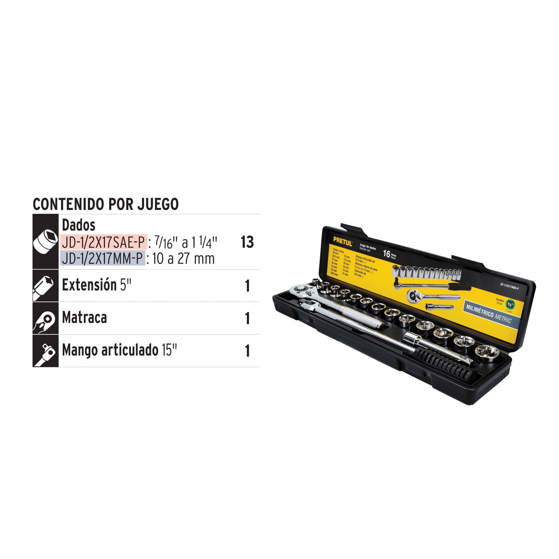 Juego de Copas  1/2” Truper de 16 Piezas Milimétricas, Ref 21174