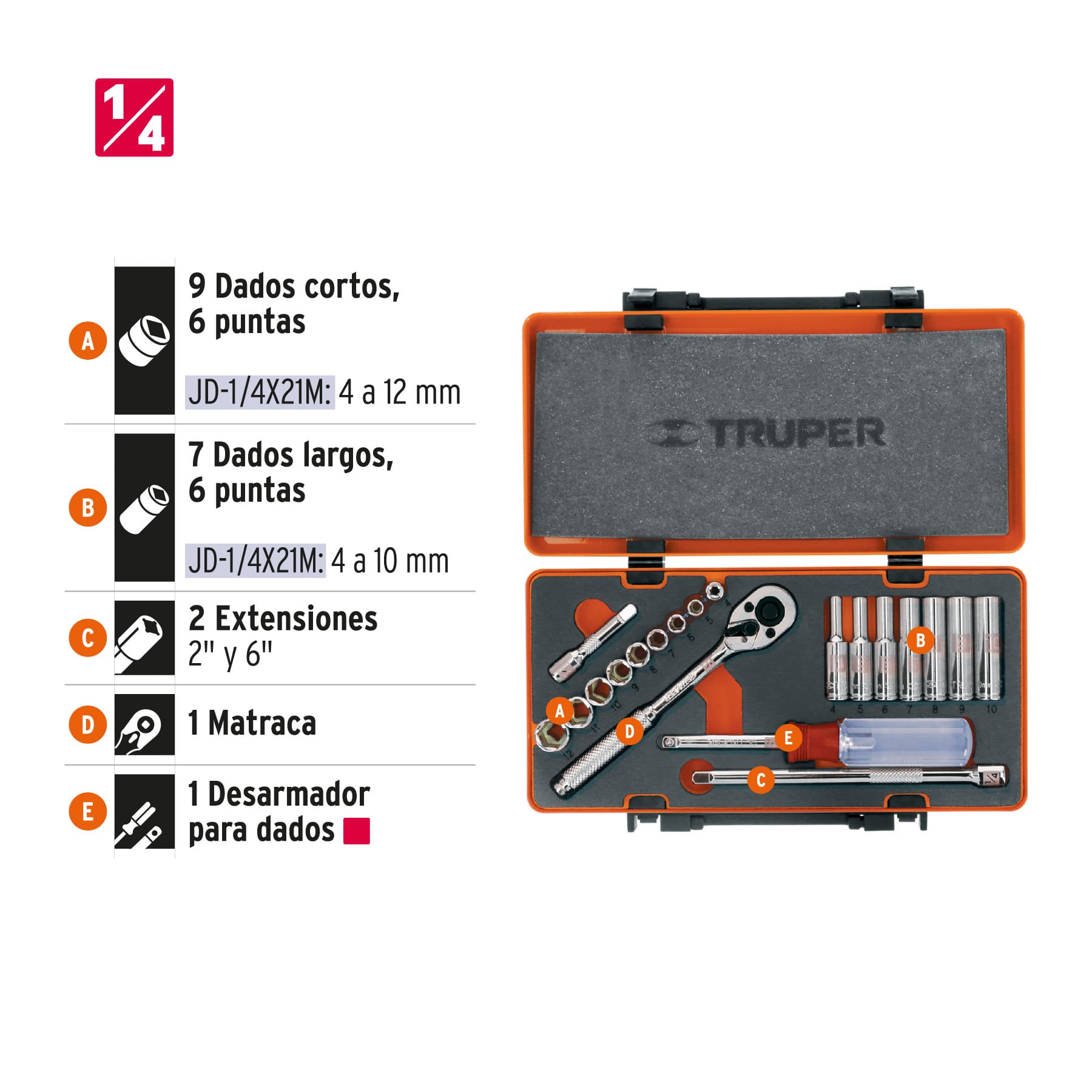 JUEGO DE COPAS CORTAS Y LARGAS MÉTRICAS TRUPER DE 20 PIEZAS, CUADRANTE 1/4”, REF. 13981