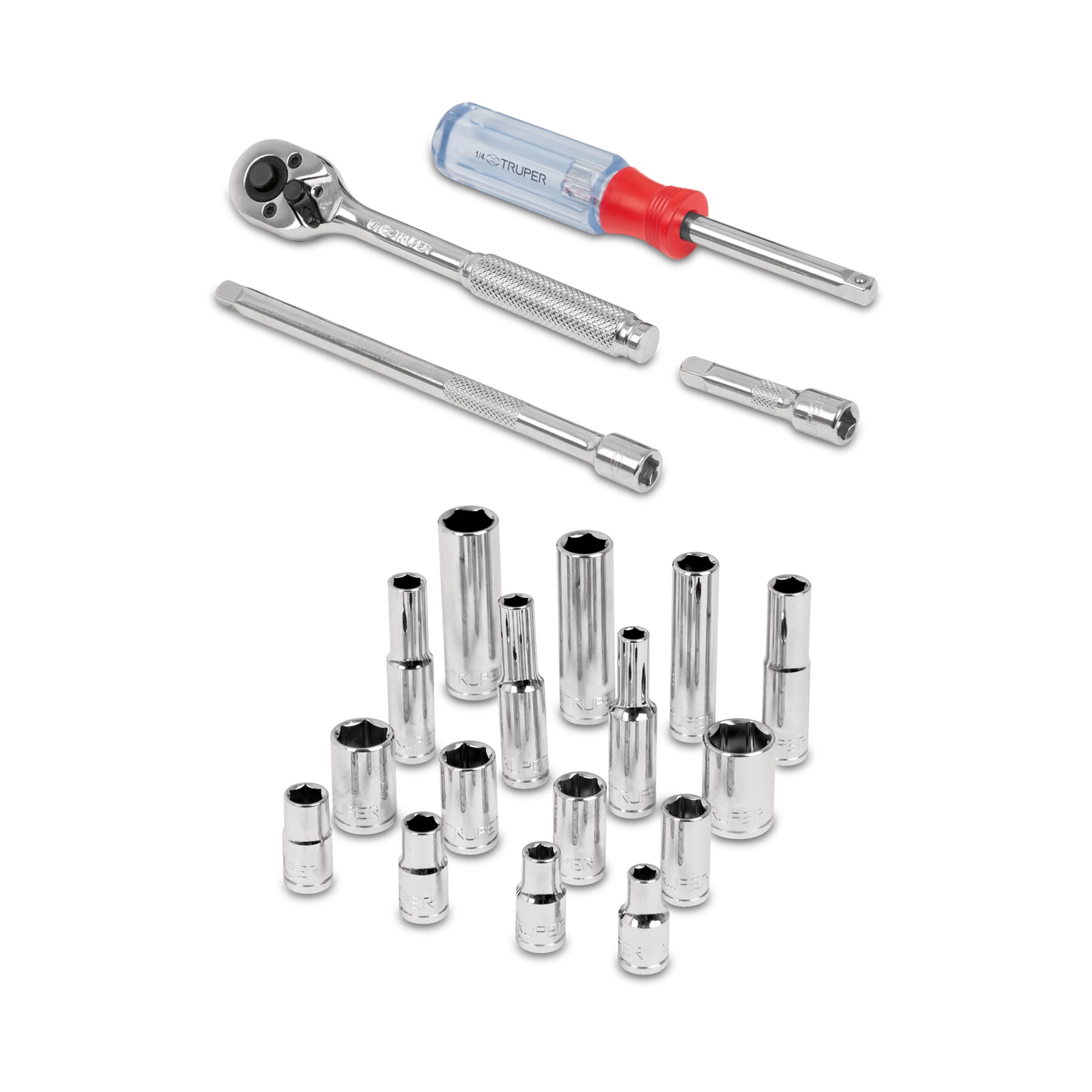 JUEGO DE COPAS CORTAS Y LARGAS MÉTRICAS TRUPER DE 20 PIEZAS, CUADRANTE 1/4”, REF. 13981