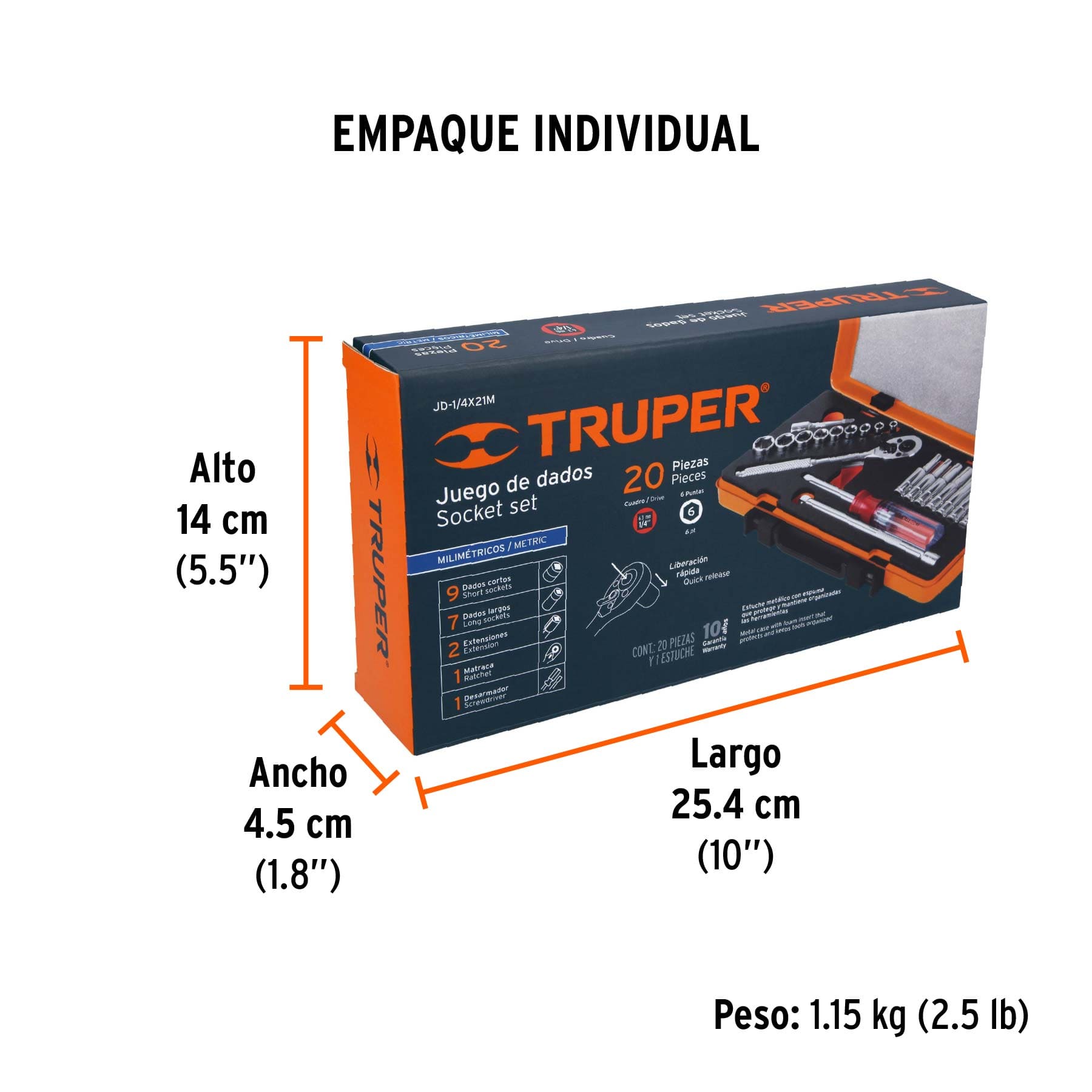 JUEGO DE COPAS CORTAS Y LARGAS MÉTRICAS TRUPER DE 20 PIEZAS, CUADRANTE 1/4”, REF. 13981