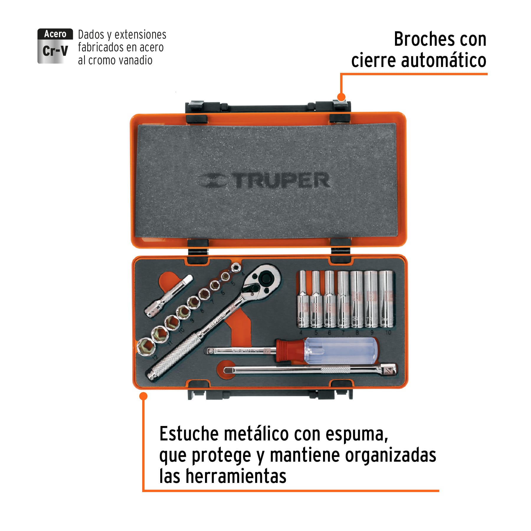 JUEGO DE COPAS CORTAS Y LARGAS MÉTRICAS TRUPER DE 20 PIEZAS, CUADRANTE 1/4”, REF. 13981