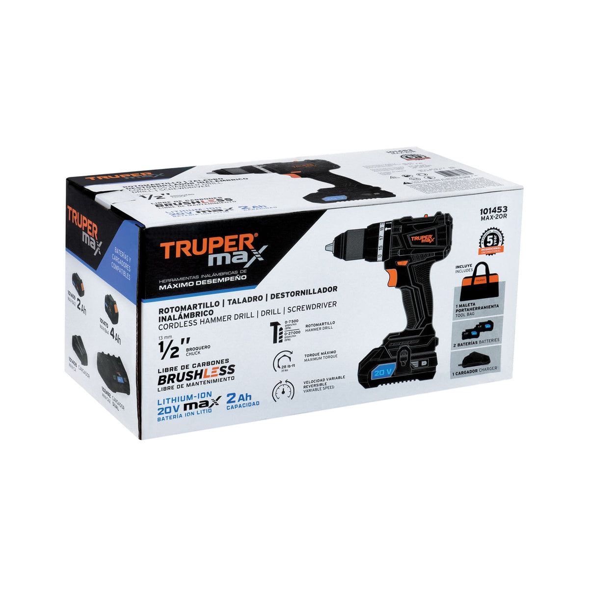 ROTOMARTILLO INALÁMBRICO BRUSHLESS 1/2” 20 V CON 2 BATERÍAS 2 AH Y MALETA, TRUPER MAX REF 101453