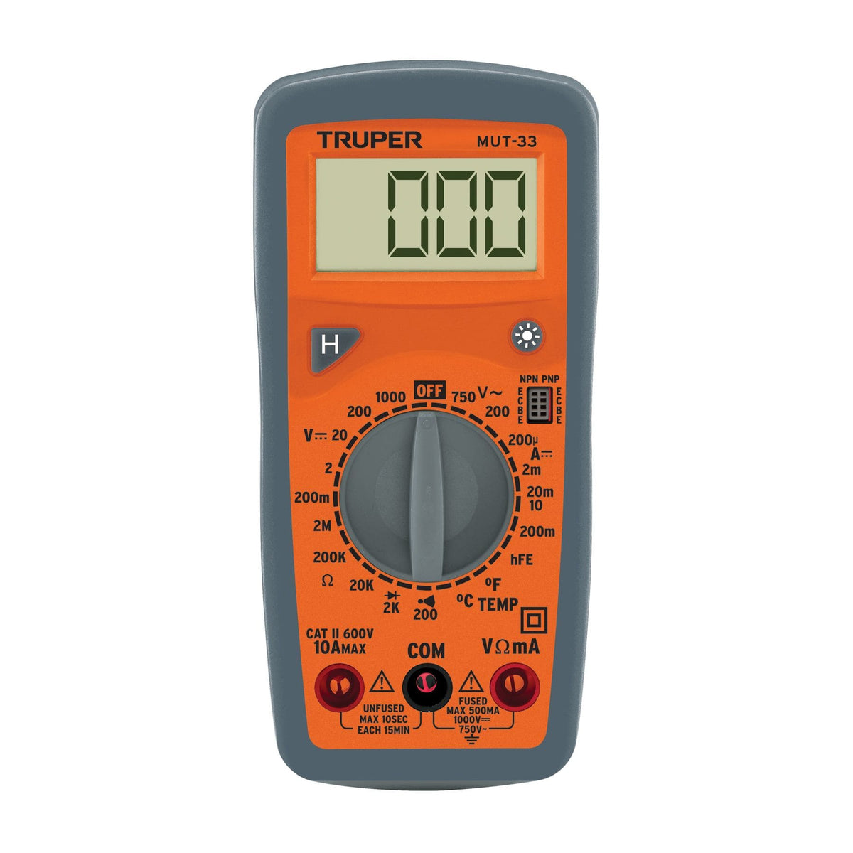 MULTÍMETRO BÁSICO DIGITAL CON TEMPERATURA, CONTINUIDAD Y PRUEBA DE TRANSISTOR, TRUPER REF 10401