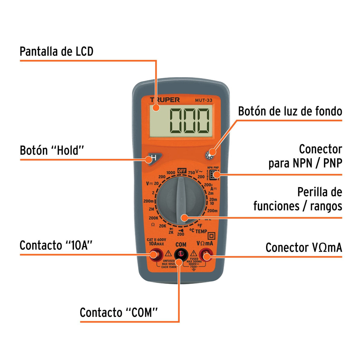 MULTÍMETRO BÁSICO DIGITAL CON TEMPERATURA, CONTINUIDAD Y PRUEBA DE TRANSISTOR, TRUPER REF 10401