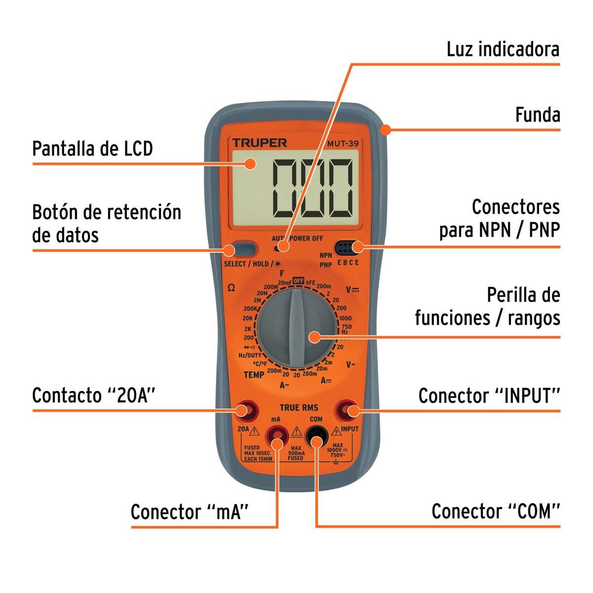 MULTÍMETRO DIGITAL PROFESIONAL TRUE RMS CON TEMPERATURA, 1000 V / 20 A, TRUPER REF 10402