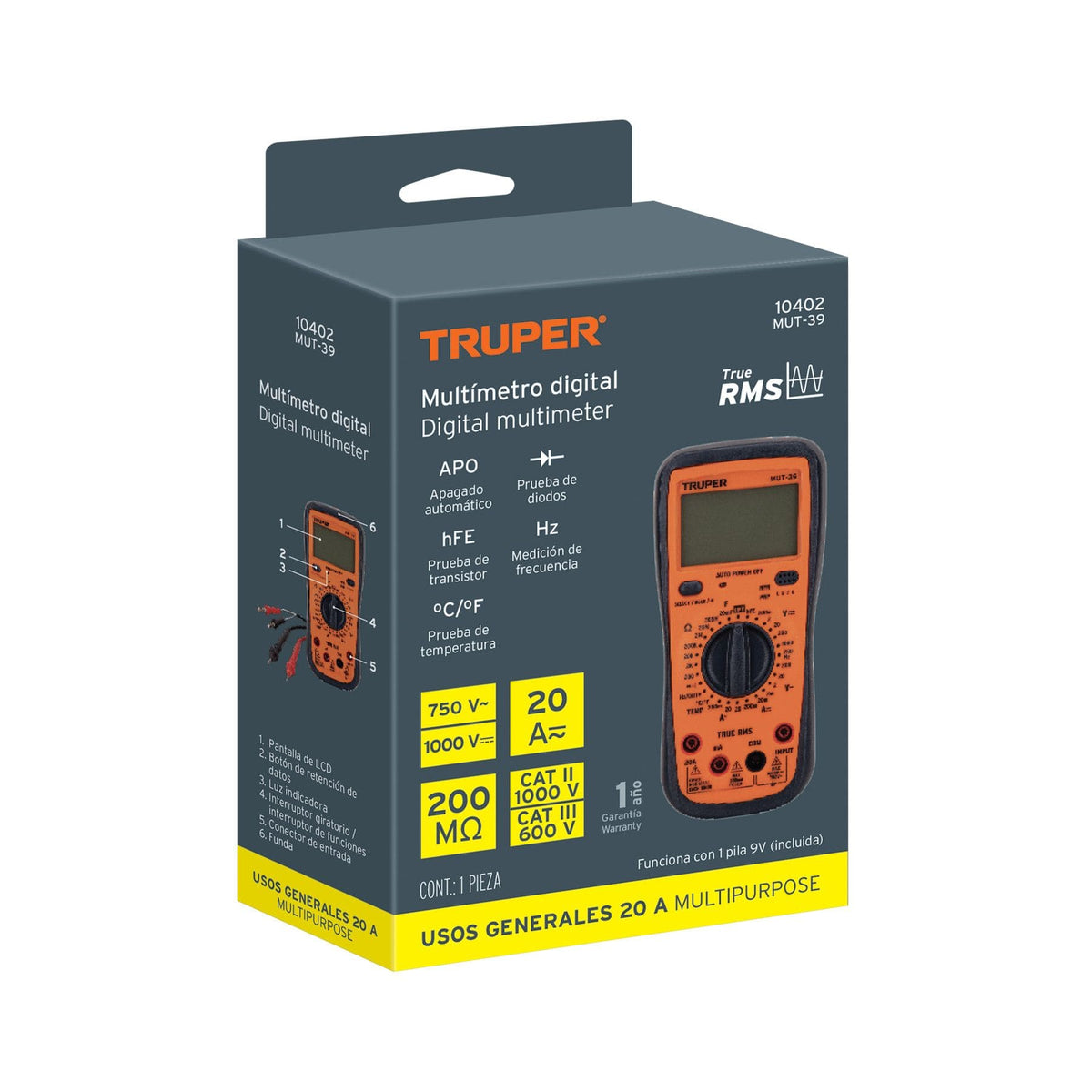 MULTÍMETRO DIGITAL PROFESIONAL TRUE RMS CON TEMPERATURA, 1000 V / 20 A, TRUPER REF 10402