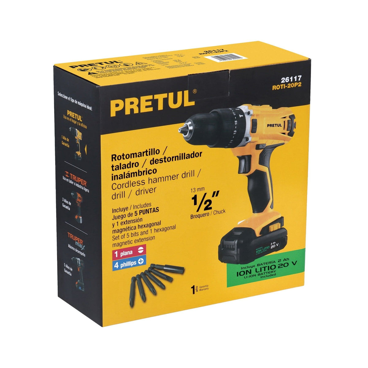 ROTOMARTILLO DESTORNILLADOR INALÁMBRICO 1/2” 20 V CON BATERÍA 2 AH, PRETUL REF 26117