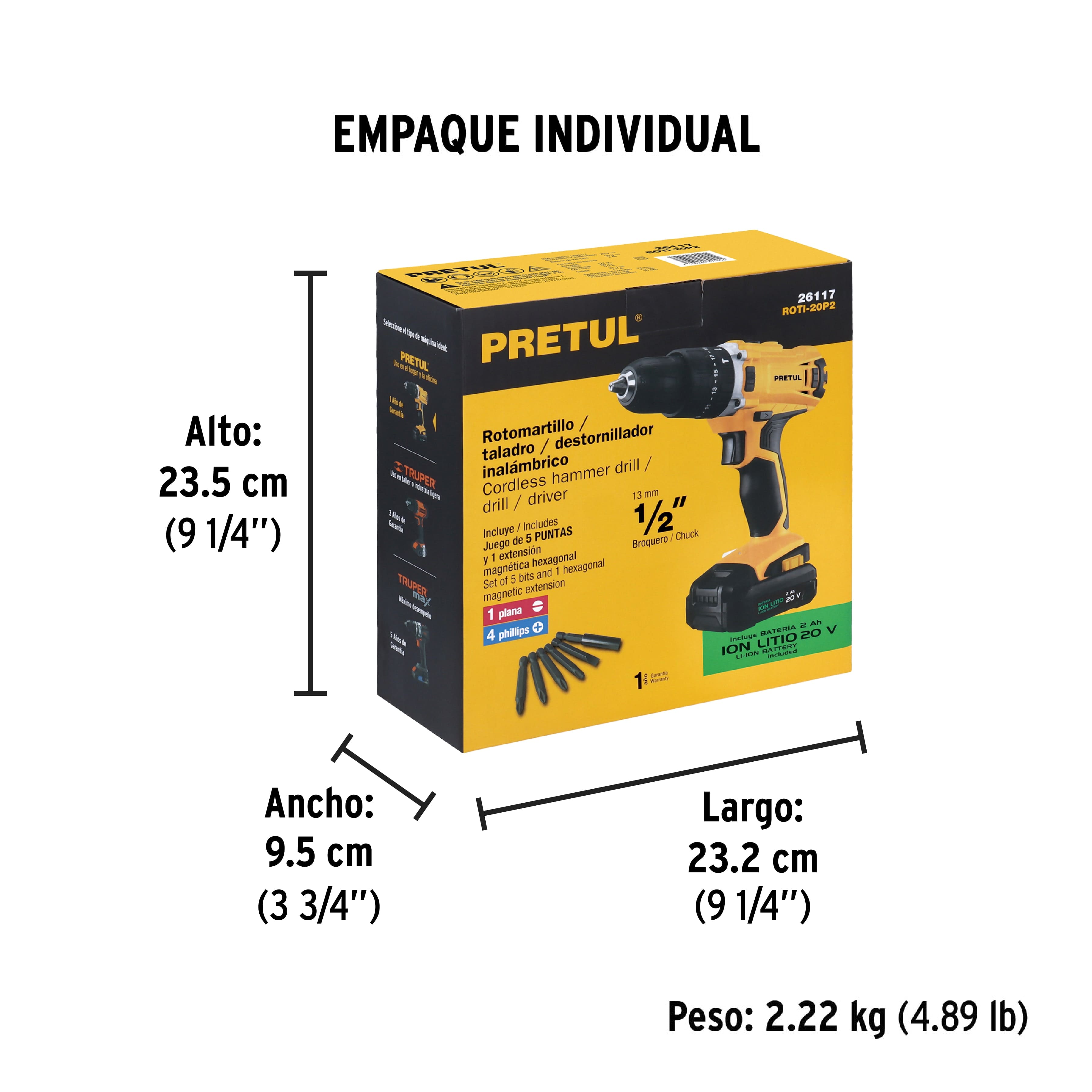 Rotomartillo, Taladro y Destornillador Inalámbrico Pretul de 20V Mandril de 1/2” Ref 26117