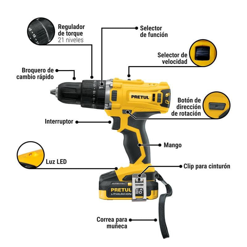 Rotomartillo, Taladro y Destornillador Inalámbrico Pretul de 20V Mandril de 1/2” Ref 26117