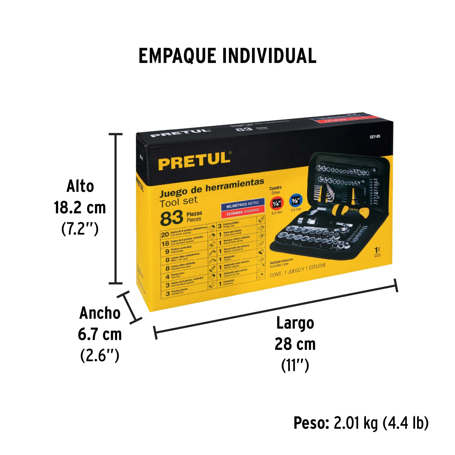 JUEGO DE HERRAMIENTAS PRETUL DE 83 PIEZAS 1/4” Y 3/8”, REF 22984