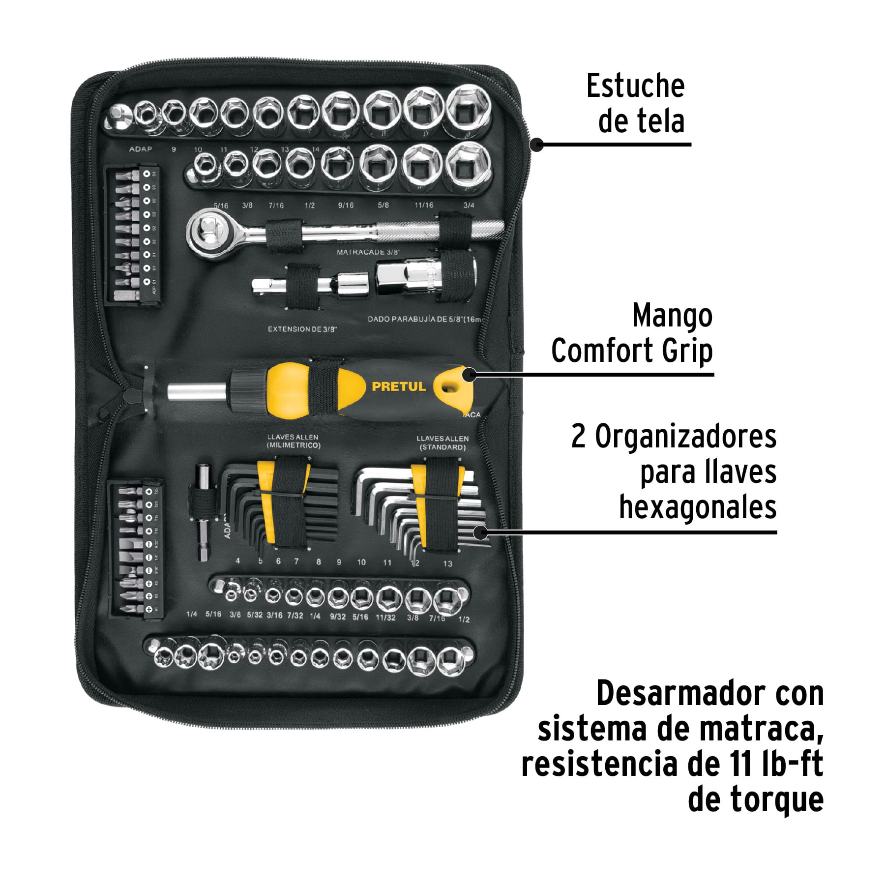 JUEGO DE HERRAMIENTAS PRETUL DE 83 PIEZAS 1/4” Y 3/8”, REF 22984