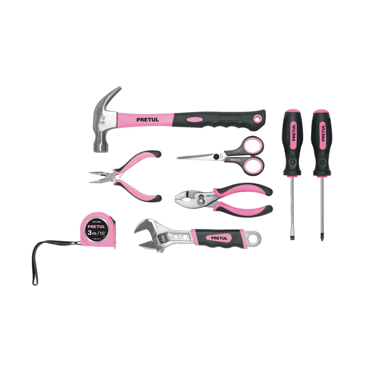 JUEGO DE HERRAMIENTAS BÁSICAS CON MALETÍN ROSA, 8 PIEZAS, PRETUL REF 21251