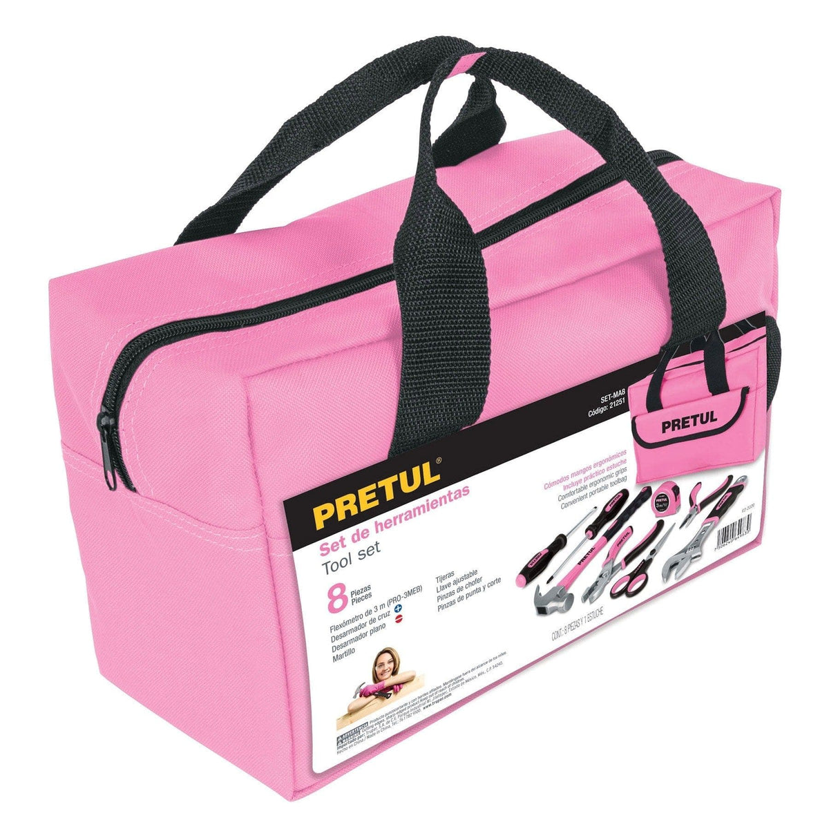 JUEGO DE HERRAMIENTAS BÁSICAS CON MALETÍN ROSA, 8 PIEZAS, PRETUL REF 21251