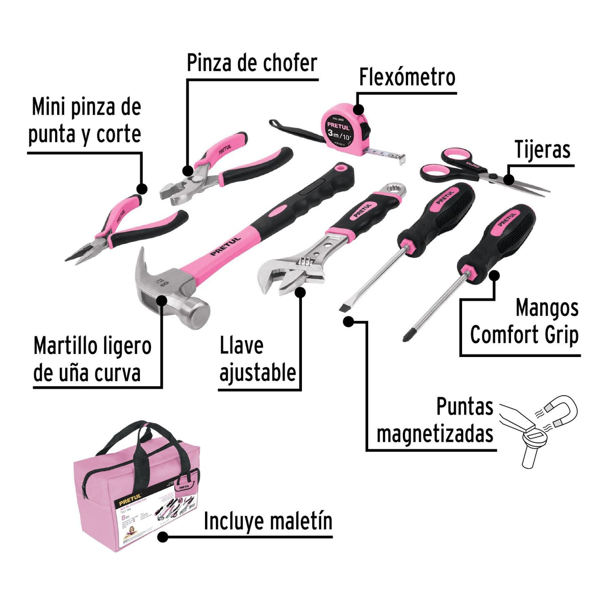 JUEGO DE HERRAMIENTAS BÁSICAS CON MALETÍN ROSA, 8 PIEZAS, PRETUL REF 21251