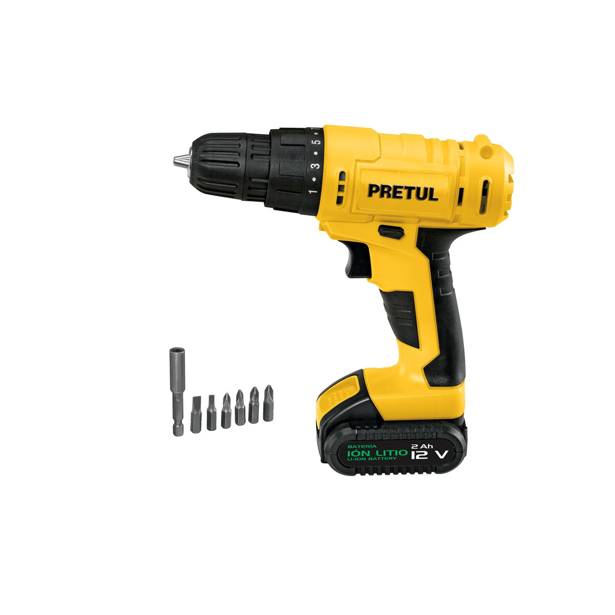 TALADRO DESTORNILLADOR INALÁMBRICO 3/8” 12 V CON BATERÍA 2 AH, PRETUL REF 29975
