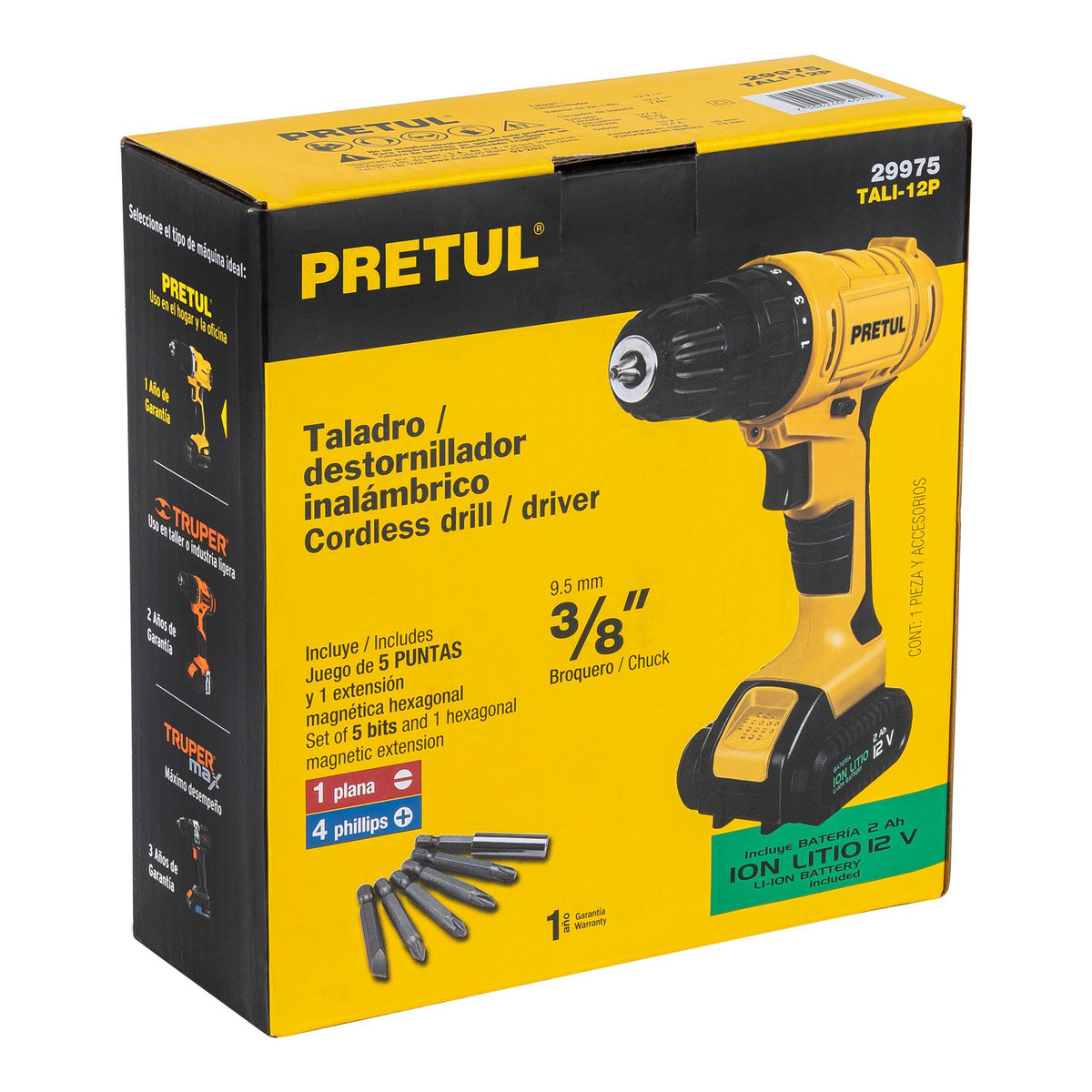 TALADRO DESTORNILLADOR INALÁMBRICO 3/8” 12 V CON BATERÍA 2 AH, PRETUL REF 29975