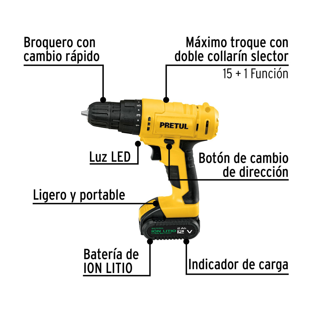 TALADRO DESTORNILLADOR INALÁMBRICO 3/8” 12 V CON BATERÍA 2 AH, PRETUL REF 29975