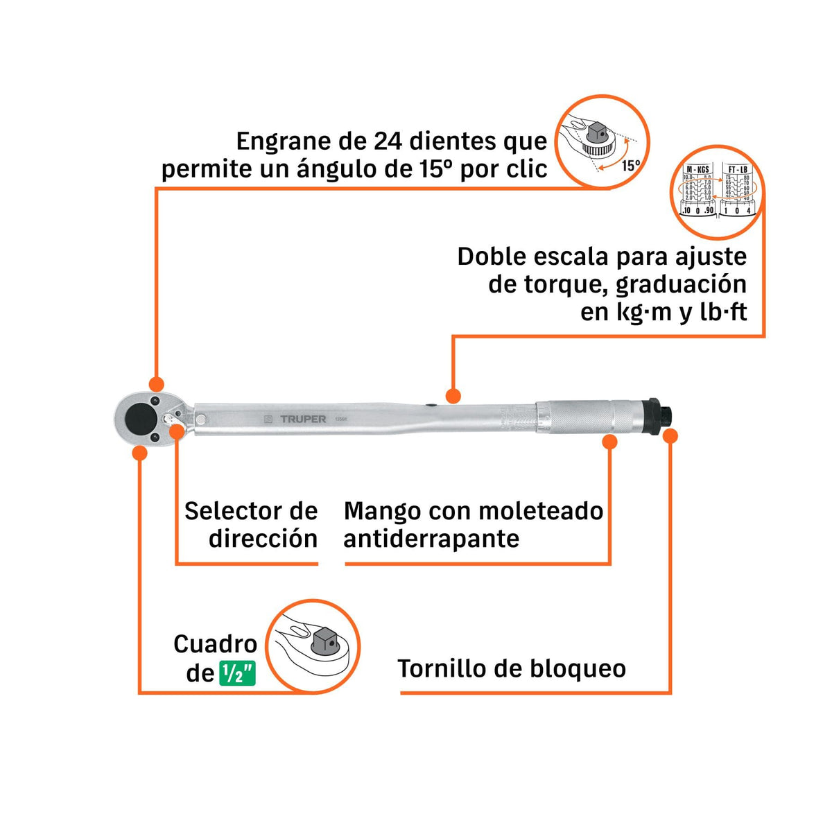 TORQUÍMETRO DE TRUENO 1/2" 20–150 LB FT / 27–203 NM, TRUPER REF 13568