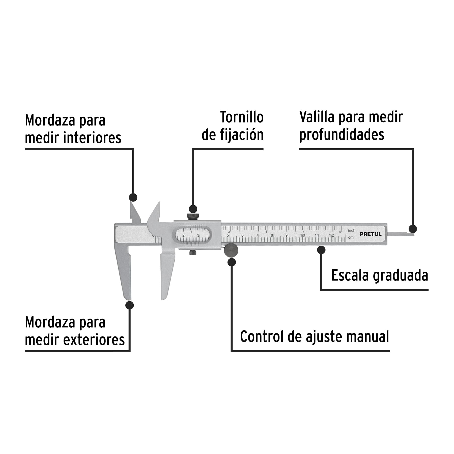 CALIBRADOR VERNIER ESCOLAR PRETUL DE 5”, MEDICIÓN EN MM Y PULGADAS, REF 21454