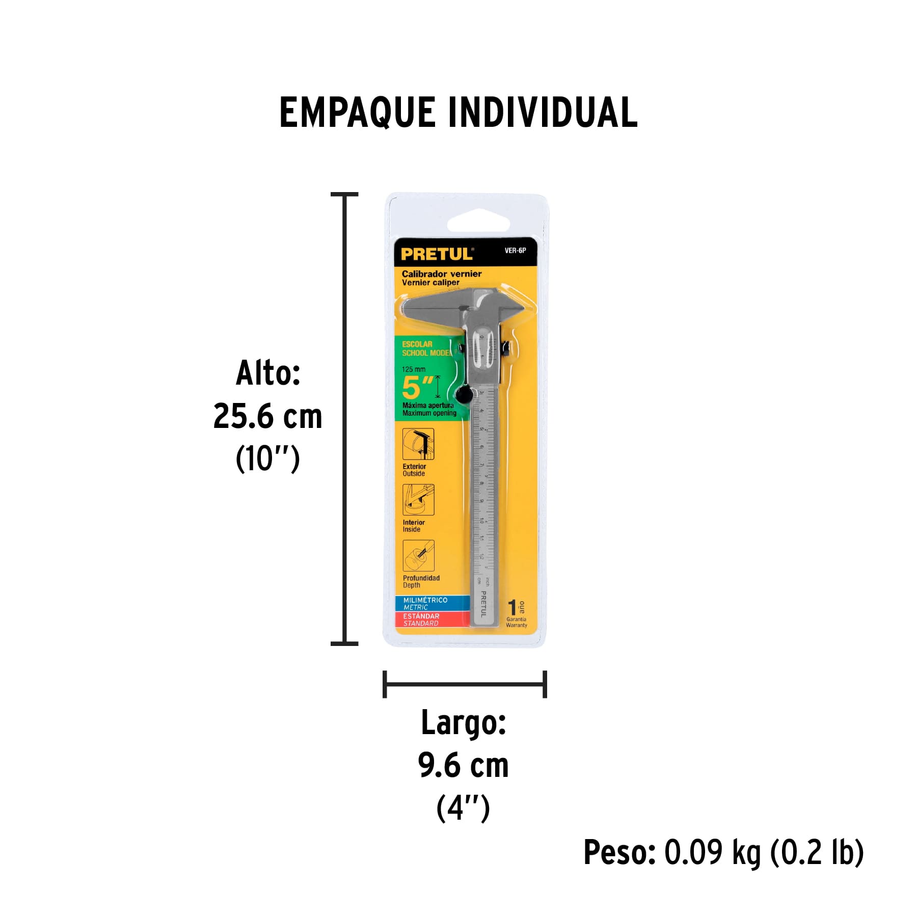 CALIBRADOR VERNIER ESCOLAR PRETUL DE 5”, MEDICIÓN EN MM Y PULGADAS, REF 21454