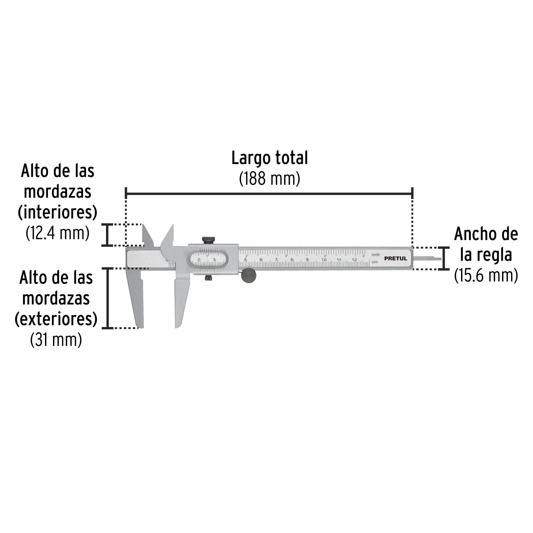 CALIBRADOR VERNIER ESCOLAR PRETUL DE 5”, MEDICIÓN EN MM Y PULGADAS, REF 21454