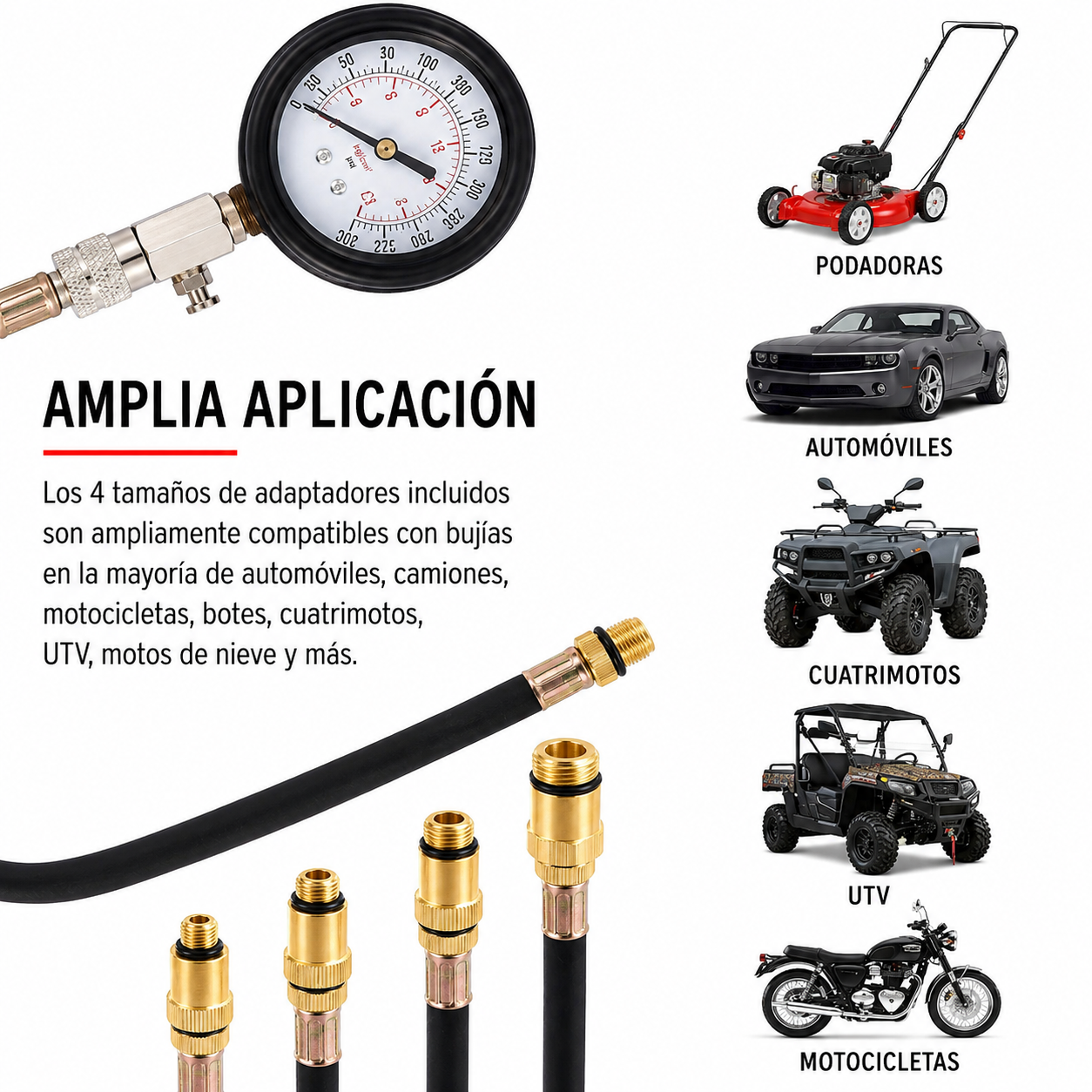 Compresímetro para Prueba de Compresión de Motor Gasolina 0-300 PSI 8 Piezas