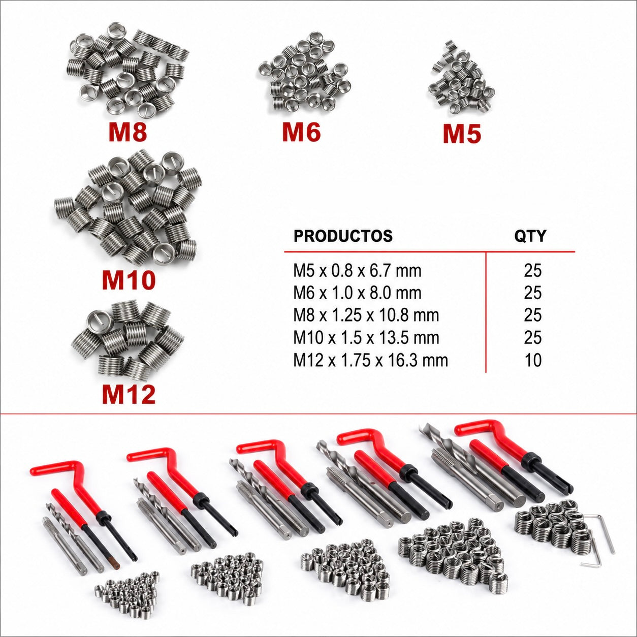 Kit Reparador de Roscas Métricas Tipo Helicoil 131 Piezas (M5 a M12)