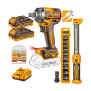 COMBO LLAVE DE IMPACTO 1/2” 20 V BRUSHLESS 405 NM CON 2 BATERÍAS, LÁMPARA Y 10 COPAS, INGCO REF UCOSLI23056