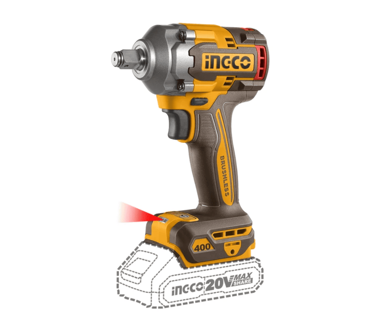 LLAVE DE IMPACTO INALÁMBRICA 1/2” 20 V BRUSHLESS 400 NM CON 2 BATERÍAS, INGCO REF UCIWLI2040